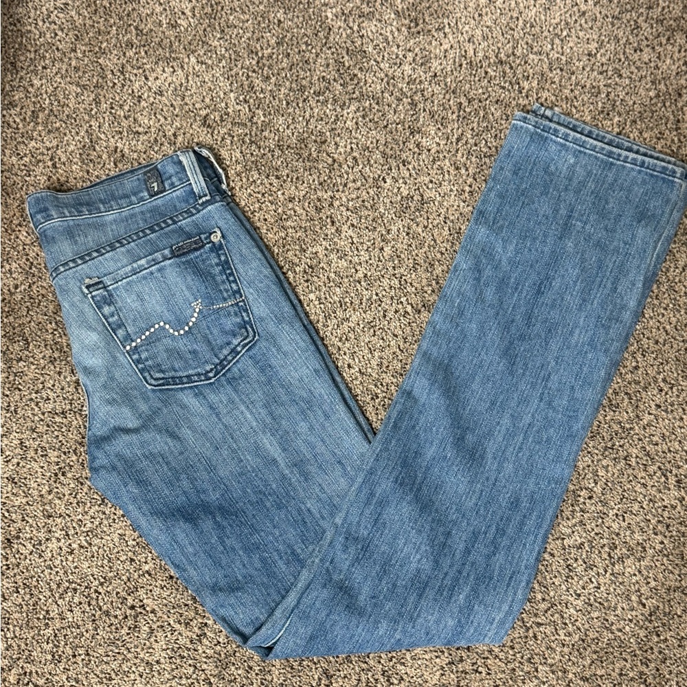 7 For All Mankind Light Blue straight leg Jeans with Rhinestone Pocket Detail
